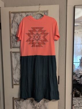 Two-Tone Coral and Teal Maxi Dress with Geometric Print